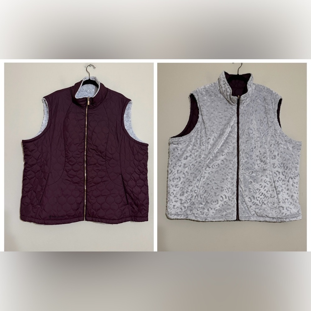 Free Country Women's Textured Gray burgundy irreversible Vest 3X quilted comfy